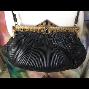 SOLD REVIVALS VINTAGE BRASS FRAME BLACK LEATHER  EVENING CROSSBODY BAG